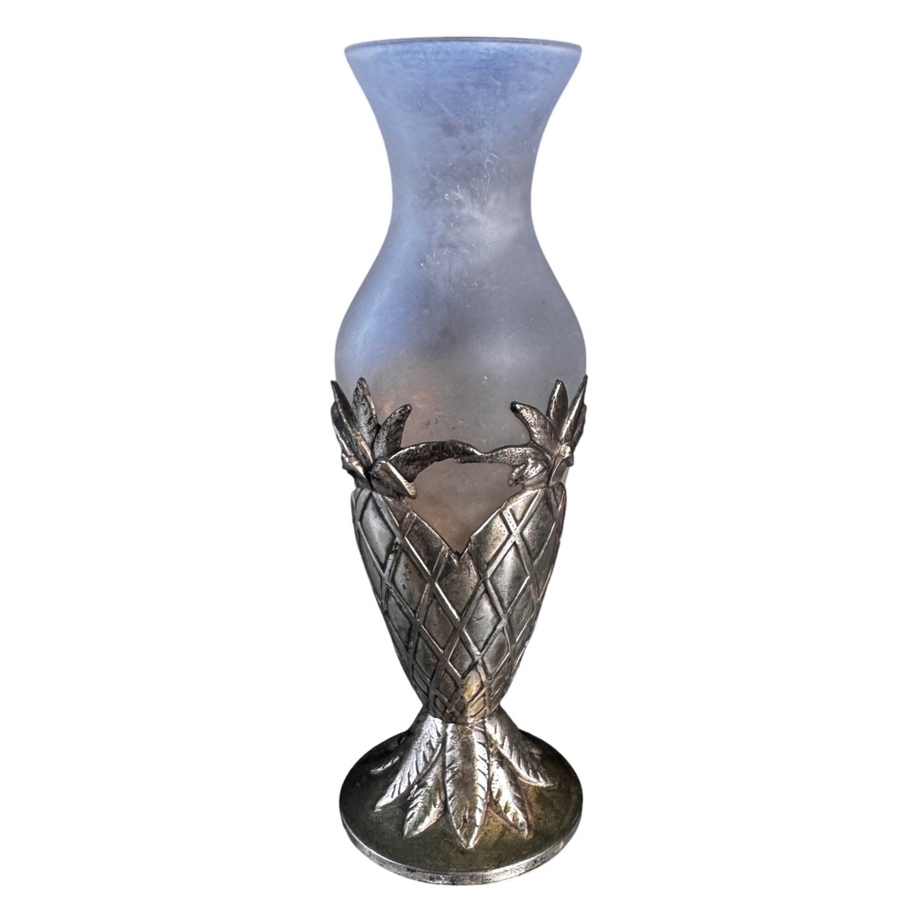 Vintage Silverplate Pineapple Bud Vase Frosted Glass Made in Japan‎